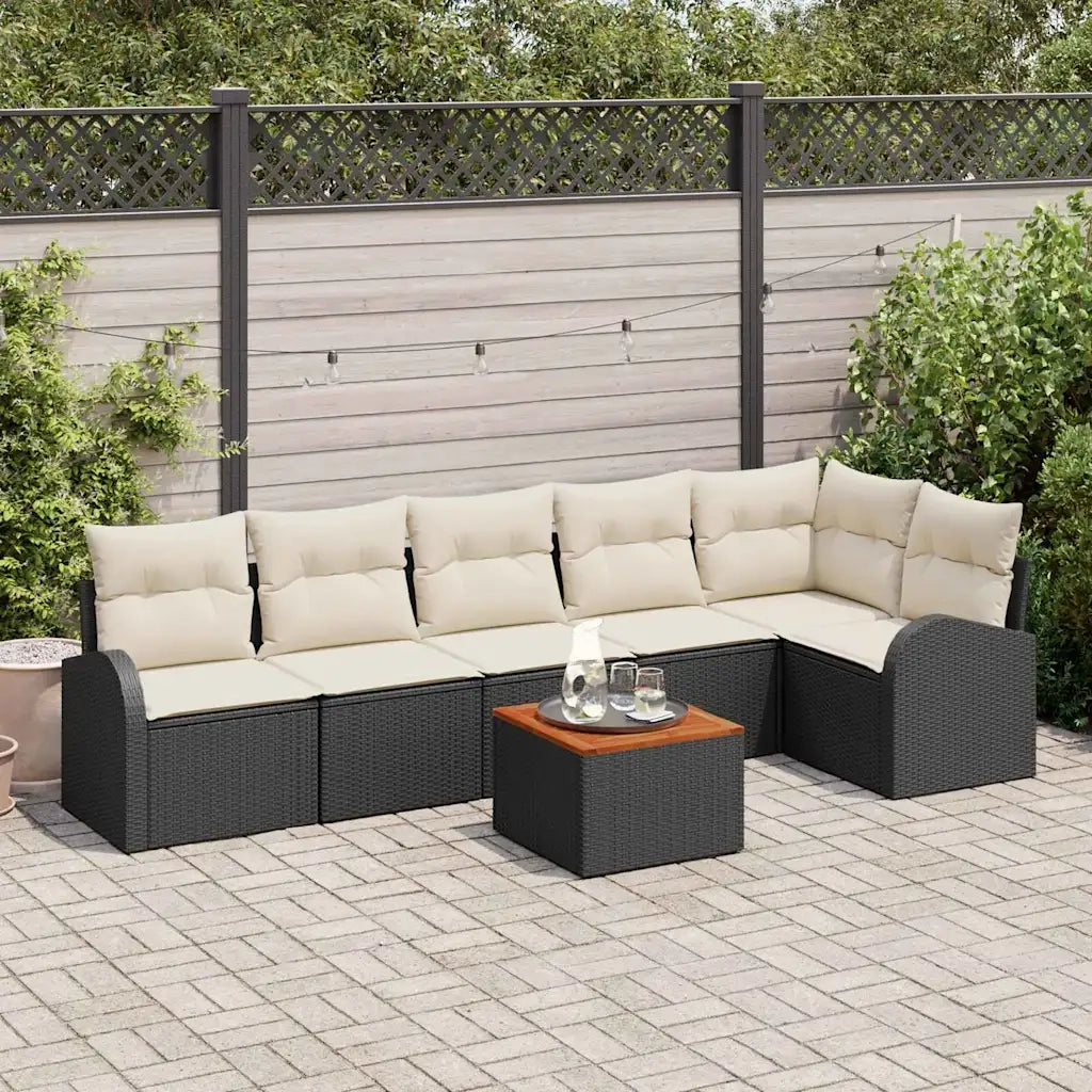 Set Divano da Giardino 7 pcs Nero e Crema polyrattan