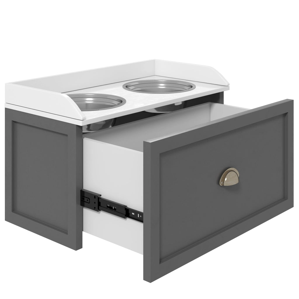Tavolo per cani con ciotole e cassetto ¨C Minimal ¨C 63x30x36 cm grigio bianco