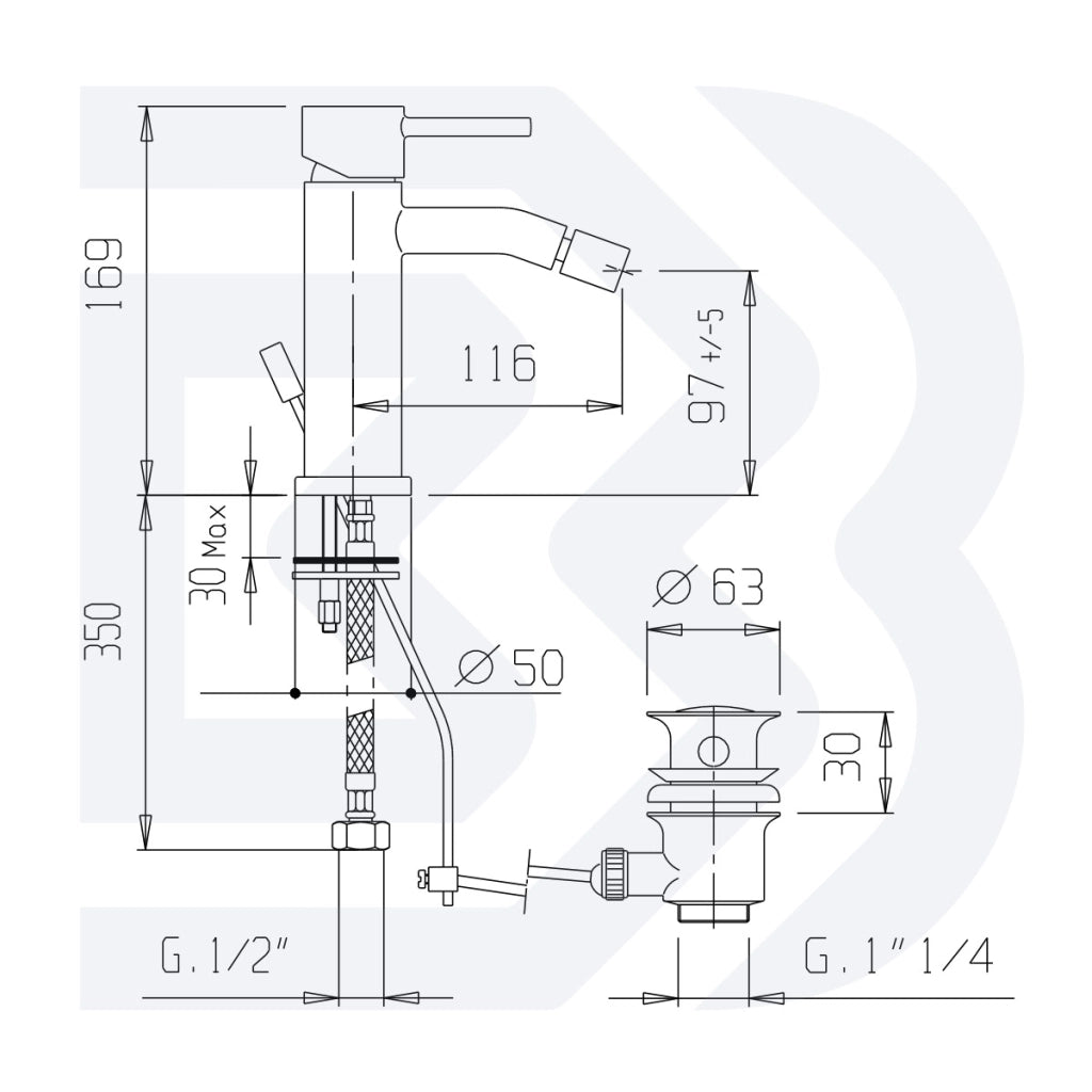 MISCELATORE MONOCOMANDO BIDET CON SCARICO - 1” 1/4” - SERIE MINI- BIANCHI - CROMO