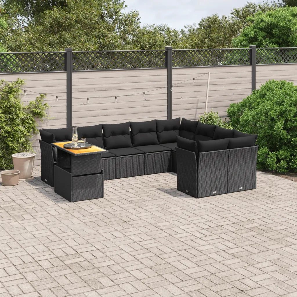 Set Divani da Giardino 10pz con Cuscini in Polyrattan Nero 3271013