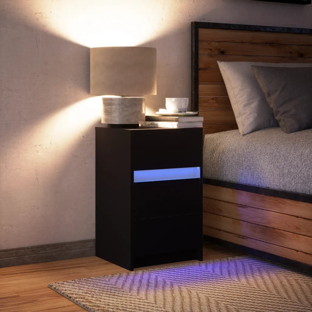 Comodino | Armadio da Notte | Mobiletto da notte con Luci LED Nero in Legno Multistrato
