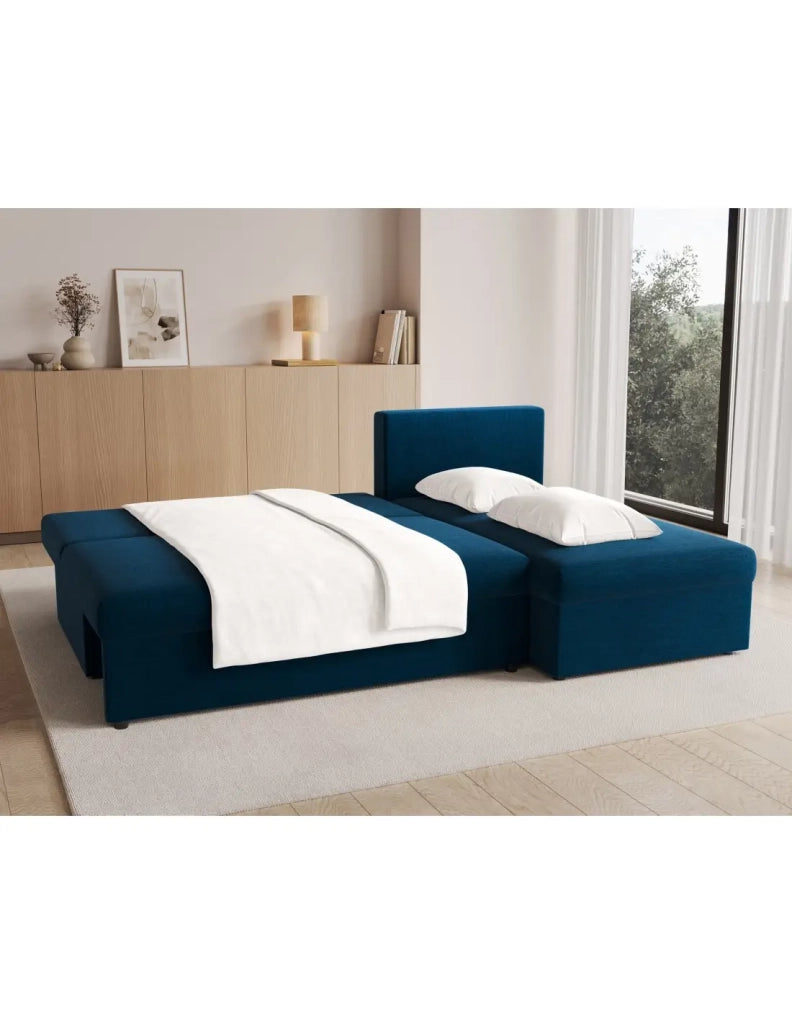 Divano ad angolo Blu notte 3 posti compatto con contenitore 206x90x146cm GINA