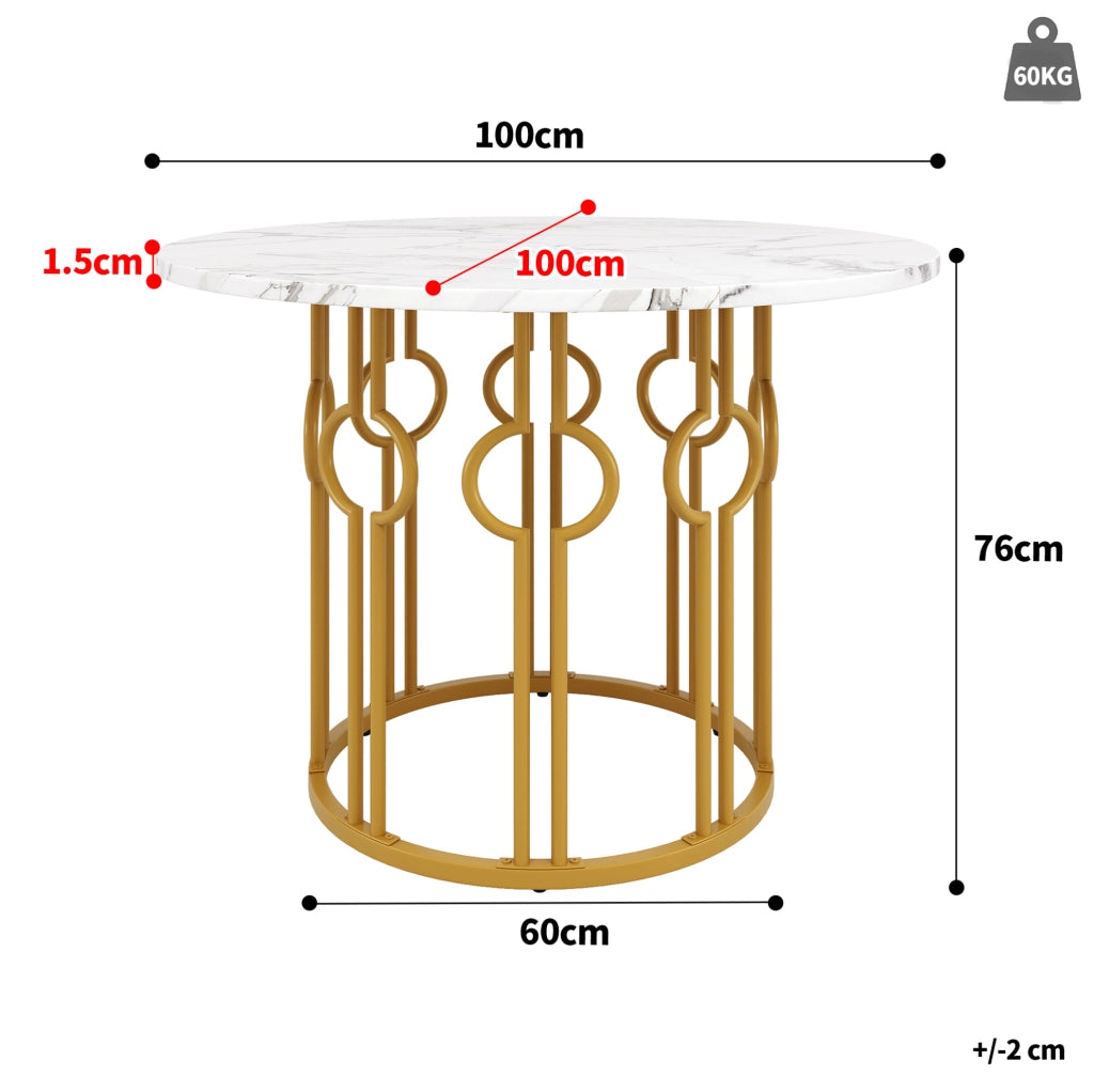 Tavolo da pranzo rotondo 100 x 100 x 76 cm in MDF e metallo; bianco e oro