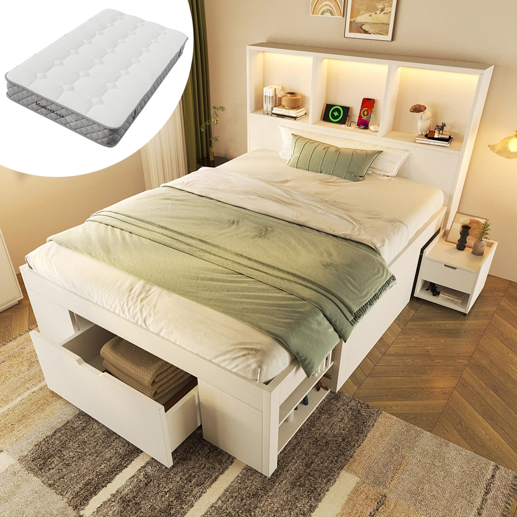 Letto Singolo con Cassetti e Comodino ¨C MINIMAL ¨C Bianco, Legno, LED, 90x200