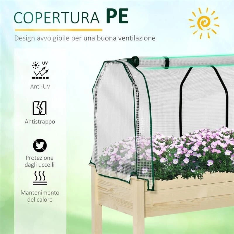 LETTO PER ORTO IN CASSETTA CON SERRA DA GIARDINO, PORTAPIANTE DA ESTERNO IN LEGNO E PE PER FIORI E VERDURE