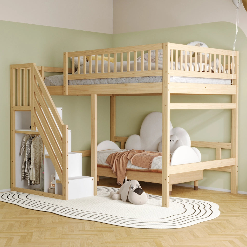 Letto a soppalco in legno massiccio 140x200 con scala contenitore e sponda alta