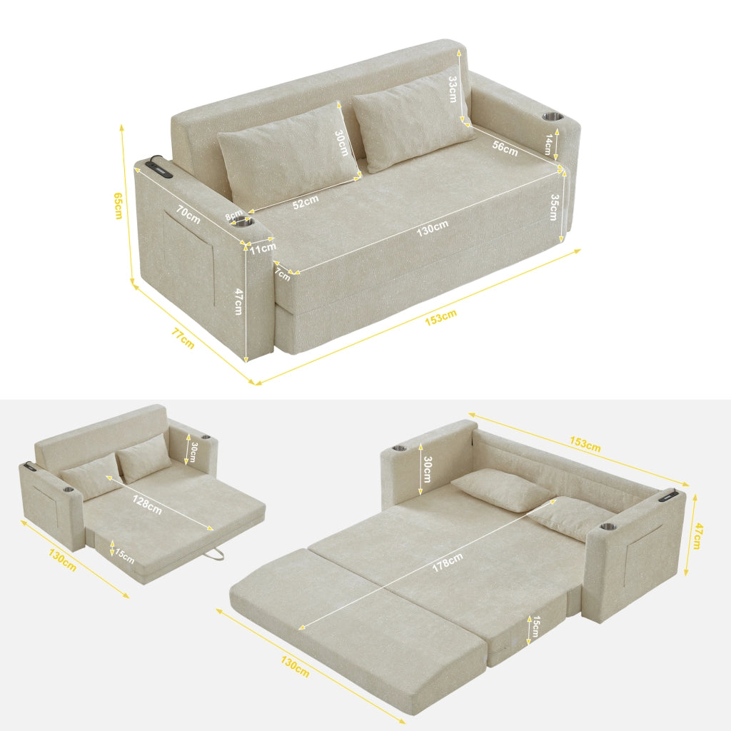 Divano letto 2-in-1 in chenille beige con USB e tasche laterali