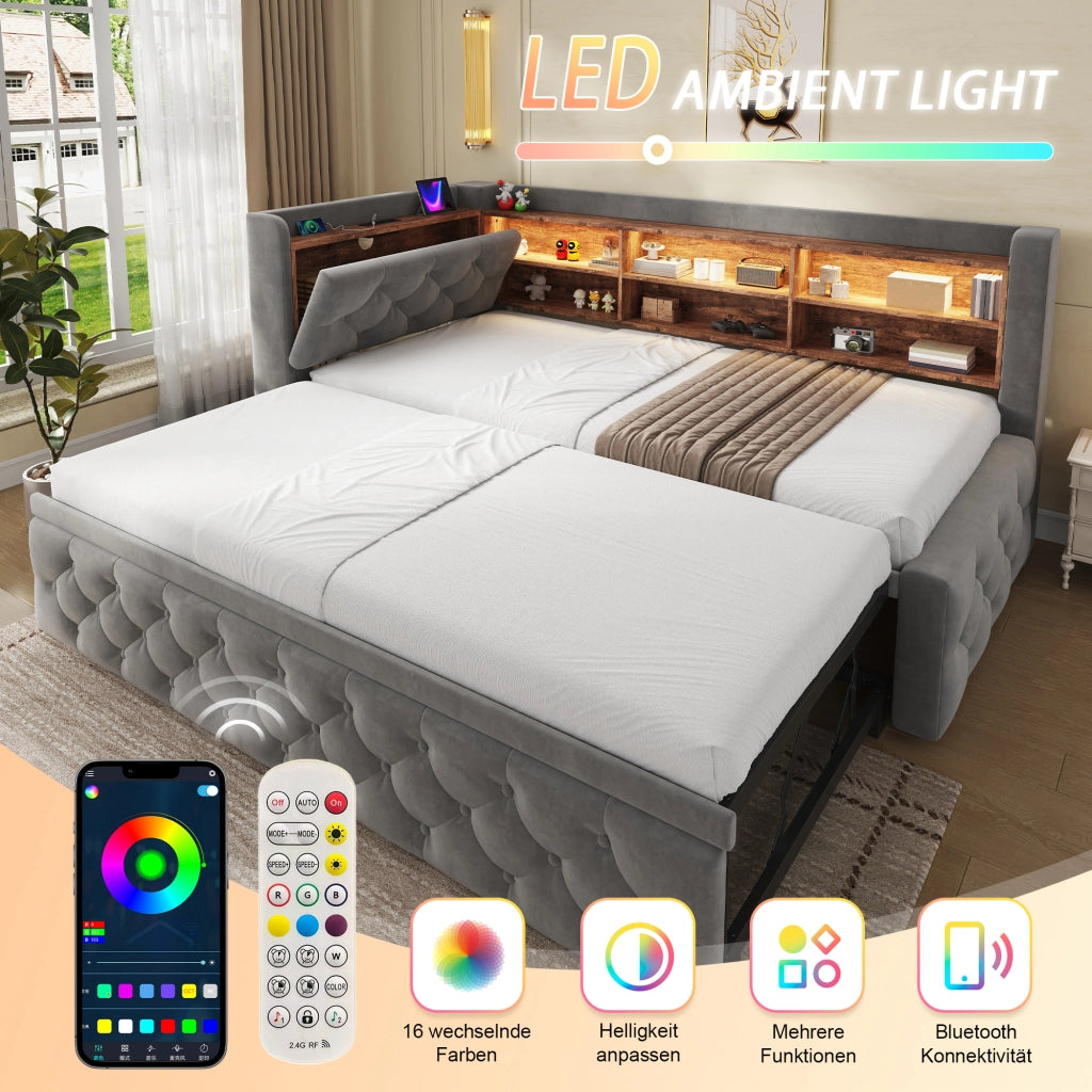 DIVANO LETTO Estraibile 90x190 cm Velluto Grigio Scuro con LED, USB e Type-C
