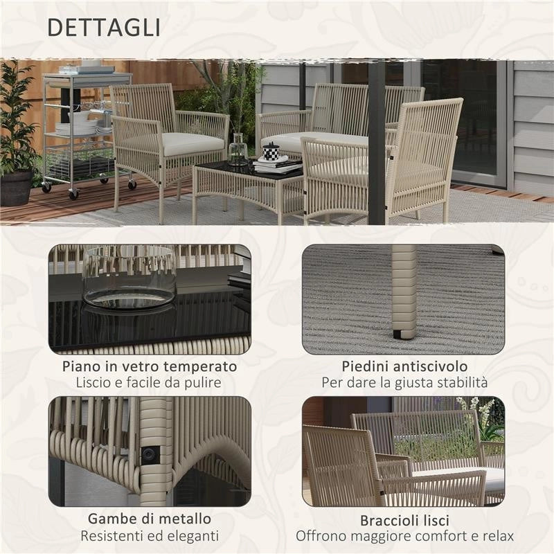SET DA GIARDINO IN RATTAN DA 4 PEZZI CON 2 POLTRONCINE, DIVANO E TAVOLINO DA CAFFÈ, KAKI