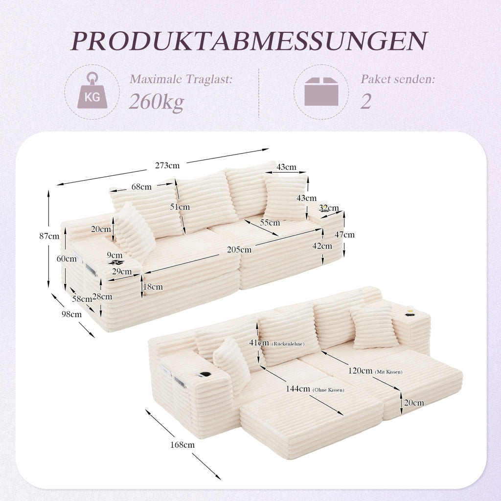 DIVANO letto modulare 273x98x87 cm in tessuto a coste Beige