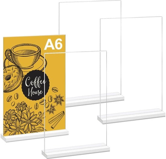 Set di 4 sostegni A6, base rimovibile, supporto per carta da tavolo, T-sostegno, reclamestandaard A6 per presentazione a doppia faccia, supporto per carta A6 per ufficio, ristorante, caffè