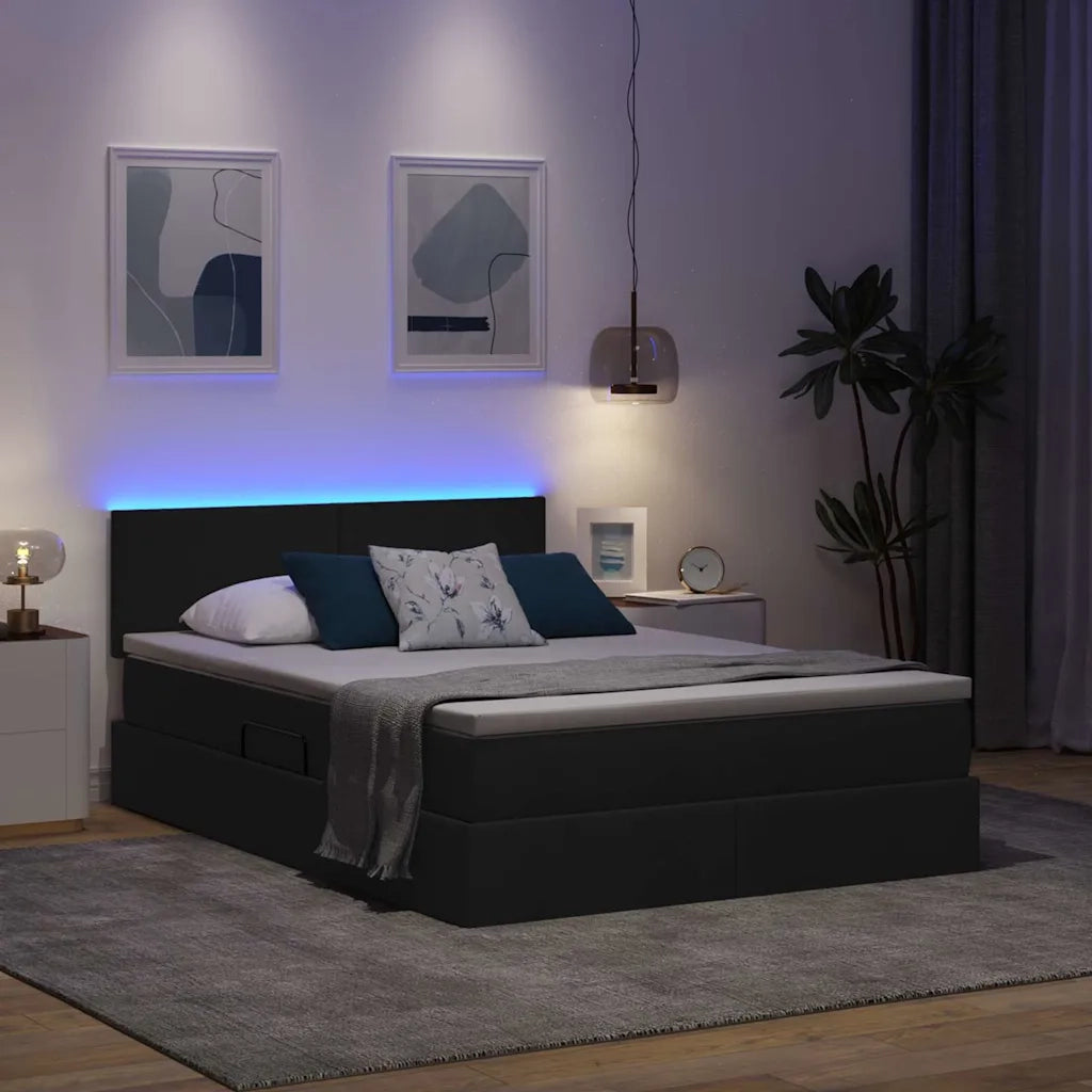 Letto con contenitore e LED con led Nero 140 x 200 cm Tessuto