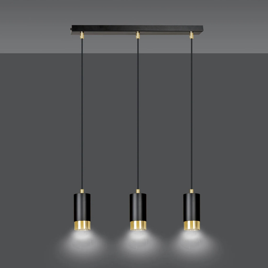 Lampadario 3 Luci Ivar Con Cilindri In Acciaio Nero E Oro