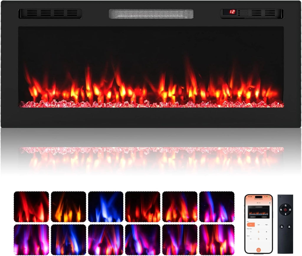 750W/1500W Caminetto Elettrico, Riscaldatore da Incasso/Montaggio a Parete con Controllo Tramite APP e Telecomando, 12 Colori per Fiamma, 5 Livelli di Luminosità, 107 x 46 cm