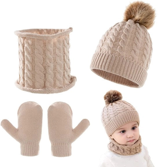 Set di Berretti Caldi per Bambini - Muffe/Cappucci/Camici - Tessuto a Maglia - Disegno con Pompon - Materiale Soffice/Acrilico - Adatto per Bambini da 0 a 3 Anni - Set per Bambini
