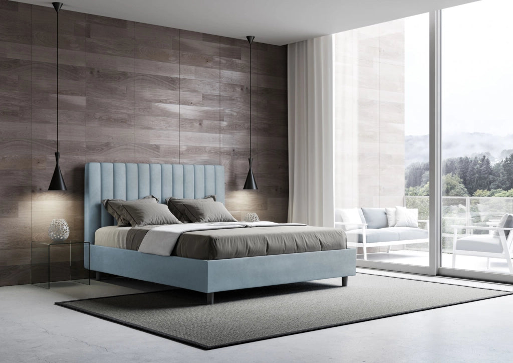 BS COM Letto una piazza e mezza con rete imbottito 130x210 microfibra azzurro