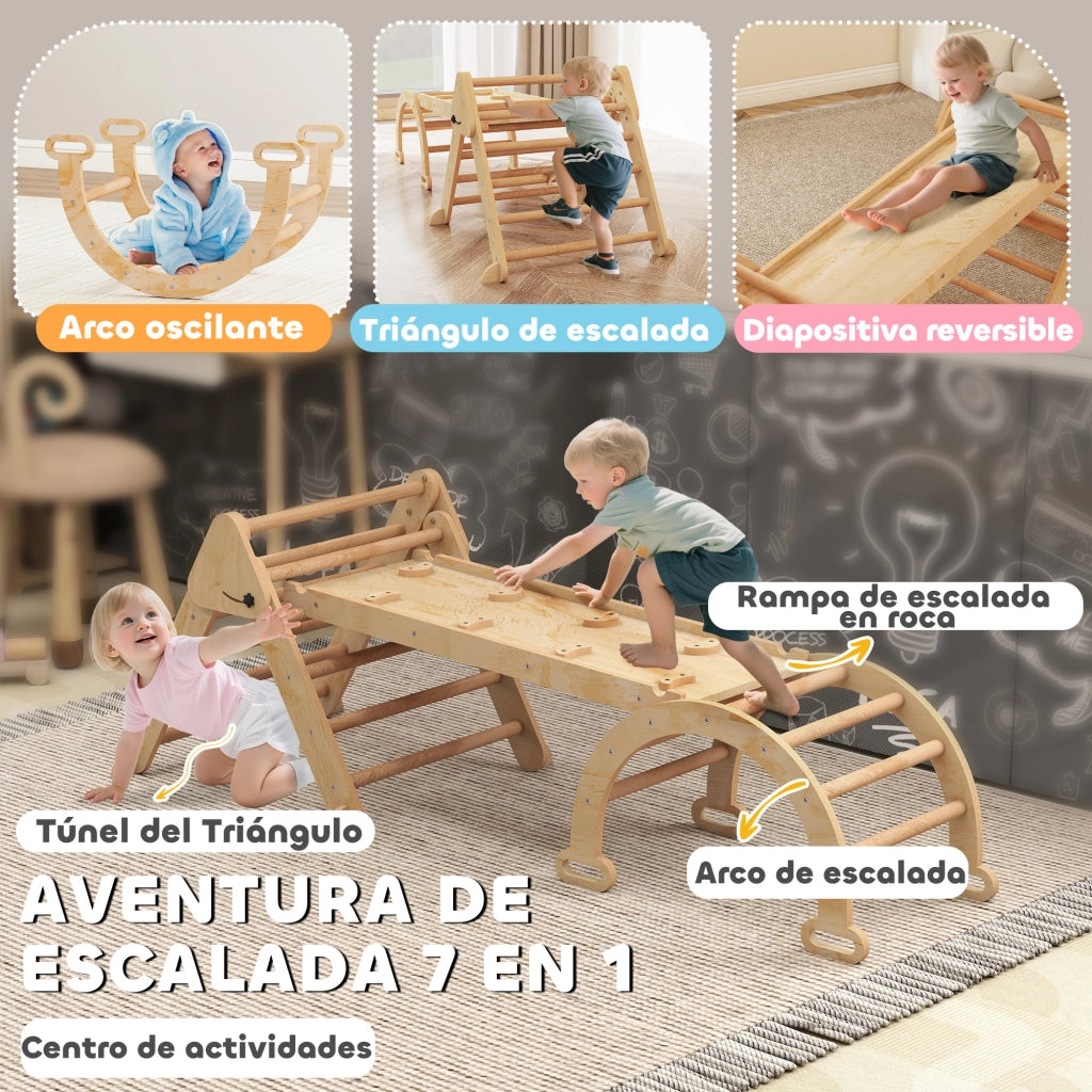 Triangolo di arrampicata Montessori in legno pieghevole con arco e rampa ¨C Xylo ¨C 188x70 cm naturale