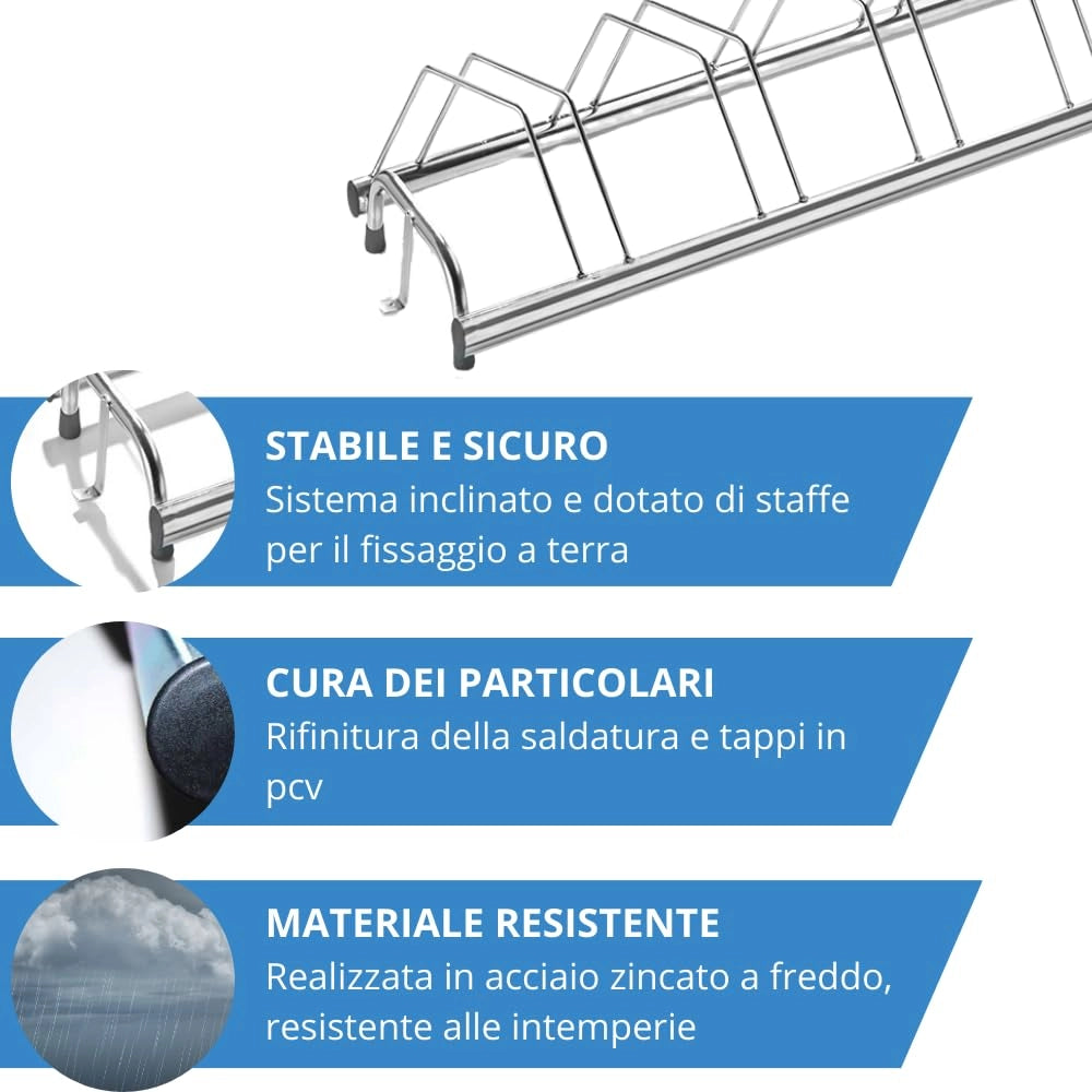 Andrys Rastrelliera Biciclette 3 Posti Inclinato con Tappi - Argento