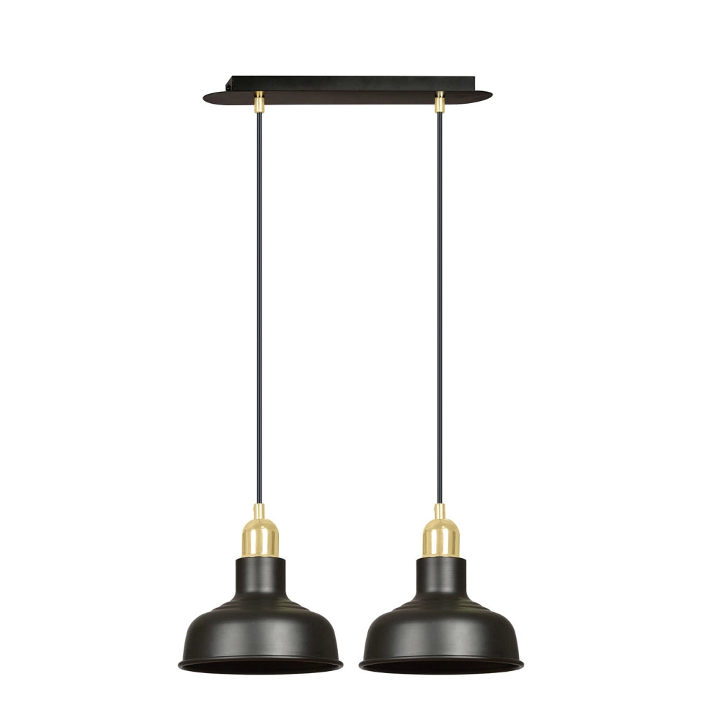 Lampadario Industrial 2 Luci Kubera In Acciaio Nero Con Elementi In Oro