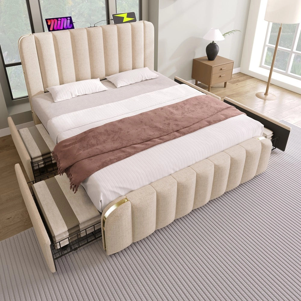 Letto Imbottito Matrimoniale con Cassetti e USB ¨C Xylo ¨C Beige, 140x200