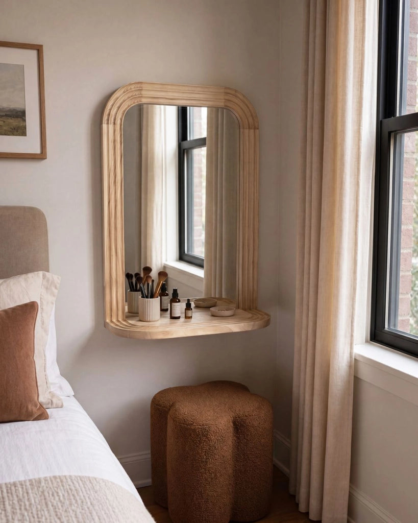 Specchio da Parete Marrone con Cornice in Legno di Paulownia e Mensola Stile Scandinavo