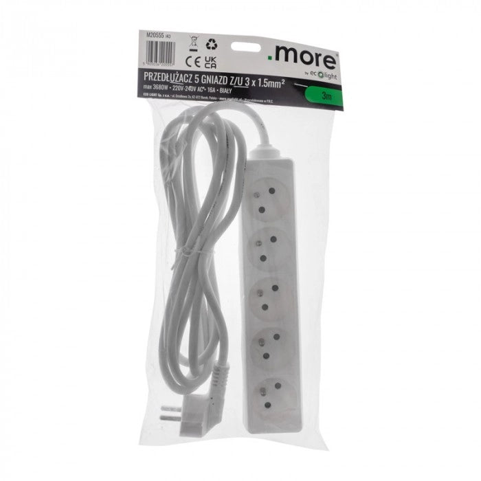 Ciabatta elettrica 5 prese 3m con terra bianca Ecolight