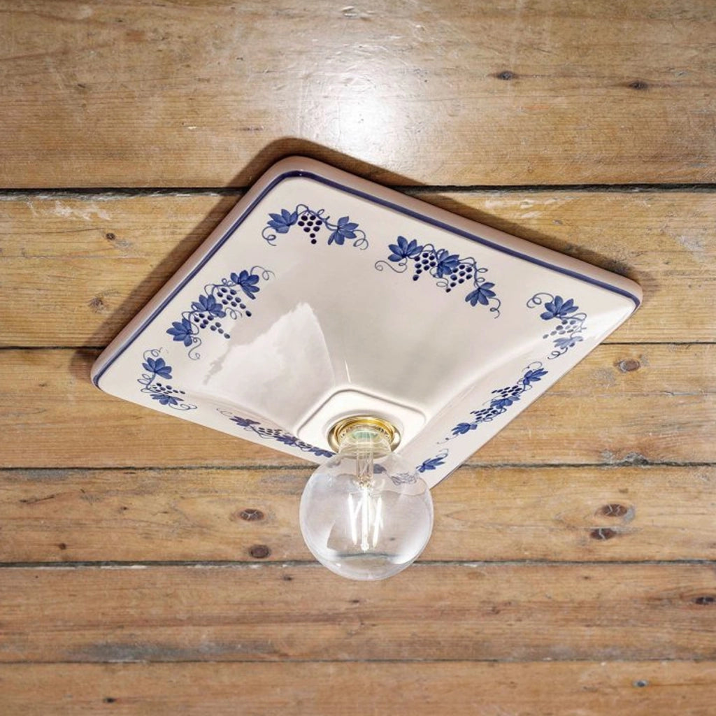 Plafoniera Quadrata Classica Trieste Bianco Decorato Filo Blu 1 Luce E27