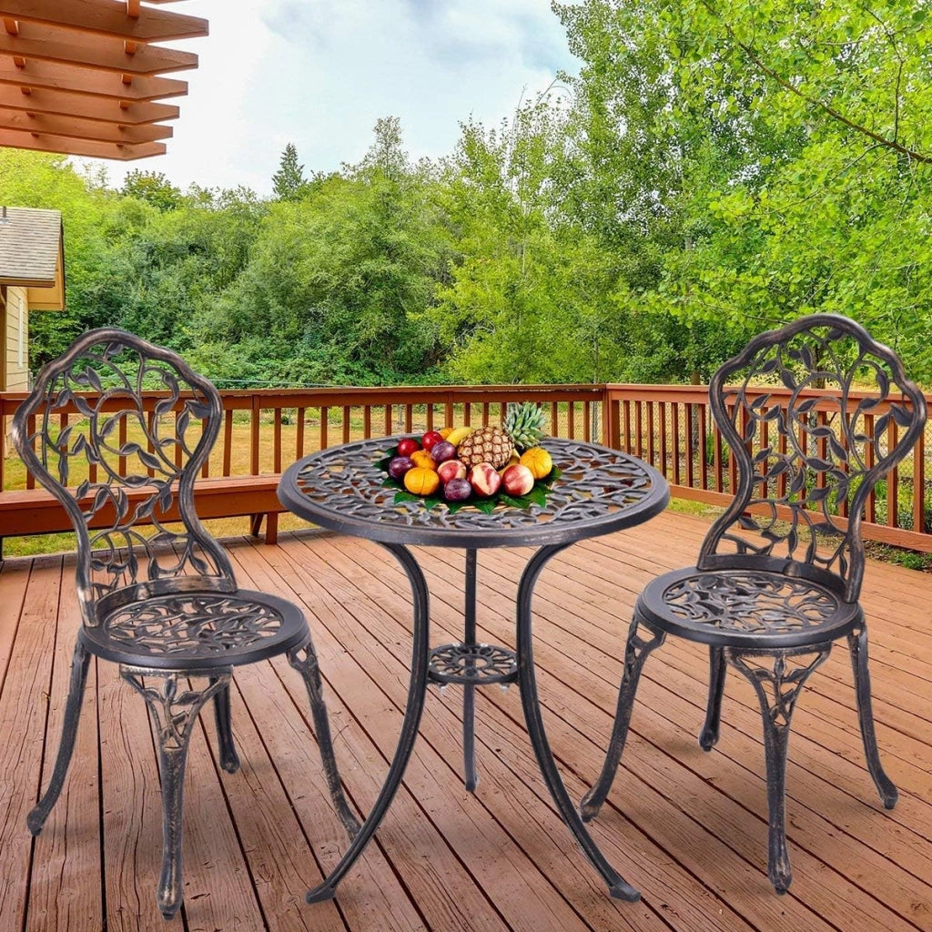 Tavolo da Giardino con Sedie in Fusione di Alluminio, Mobili da Esterno con 1 Tavolino Rotondo e 2 Sedie, Ideale per Balcone, Piscina, Cortile e Giardino