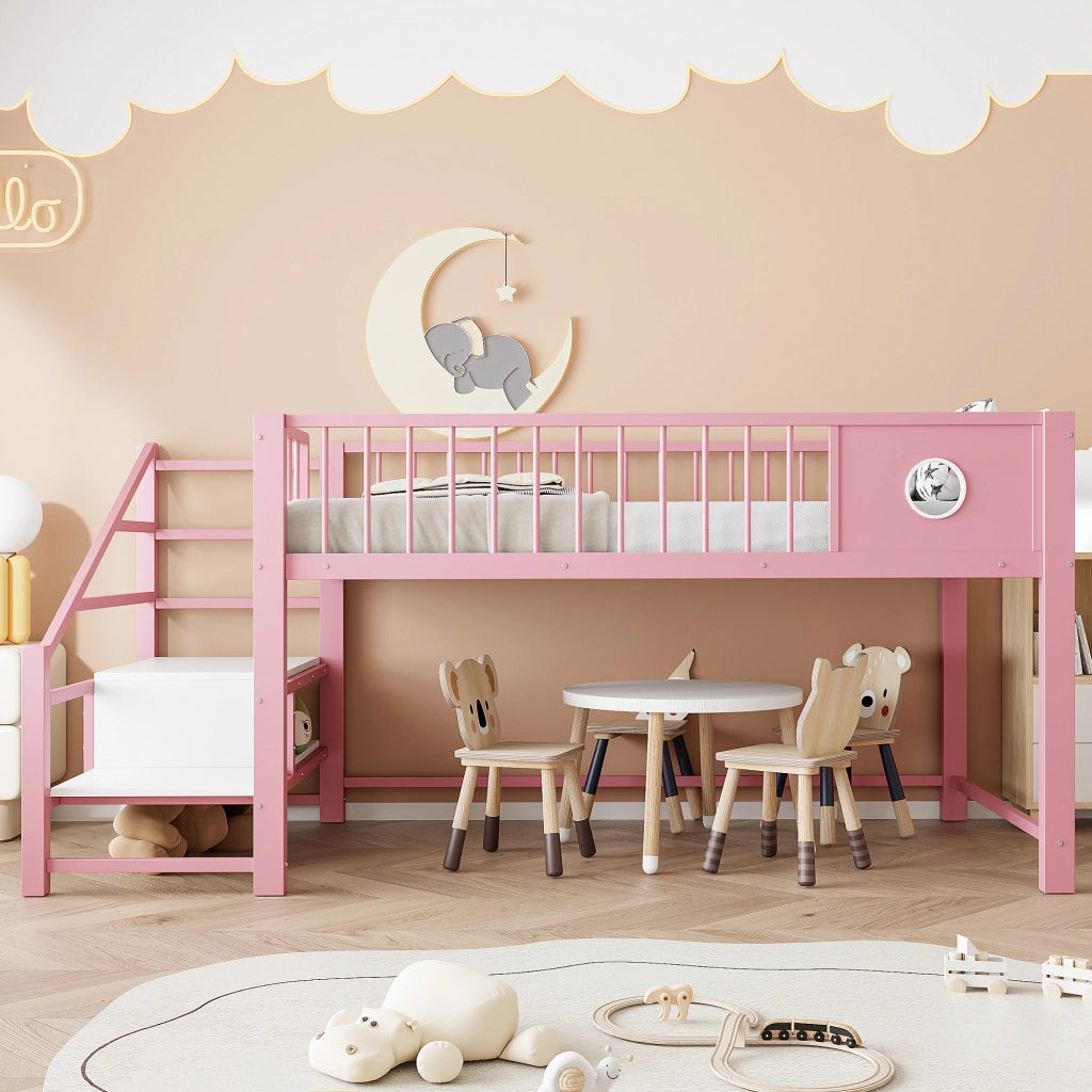 Letto basso per bambini rosa 90 x 200 cm; struttura metallica robusta; scala con riposticulo; per bambini e adolescenti