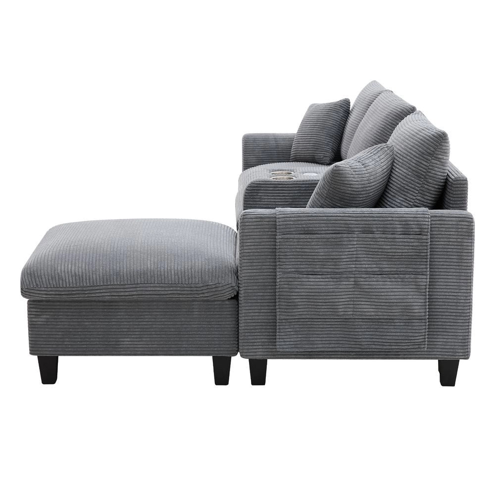 Divano angolare a L - Xylo - Velluto, console con USB, ripostiglio, grigio