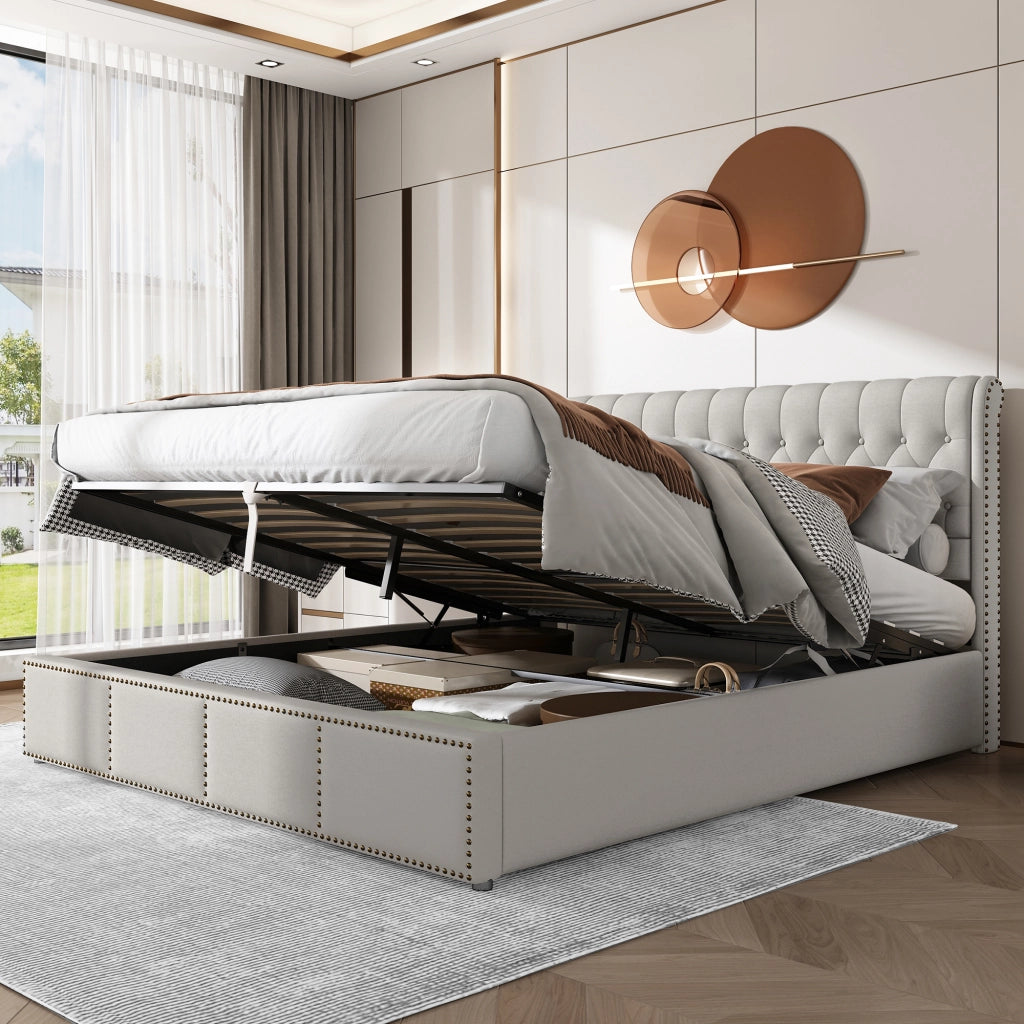 Letto Contenitore Imbottito ¨C MINIMAL ¨C Grigio Chiaro, Idraulico, 160x200