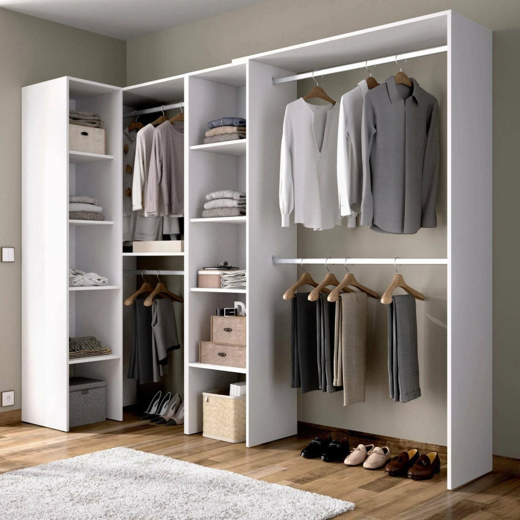 Guardaroba Antilope, Struttura per cabina armadio angolare, Mobile appendiabiti aperto ad angolo, 228x79h187 cm, Bianco