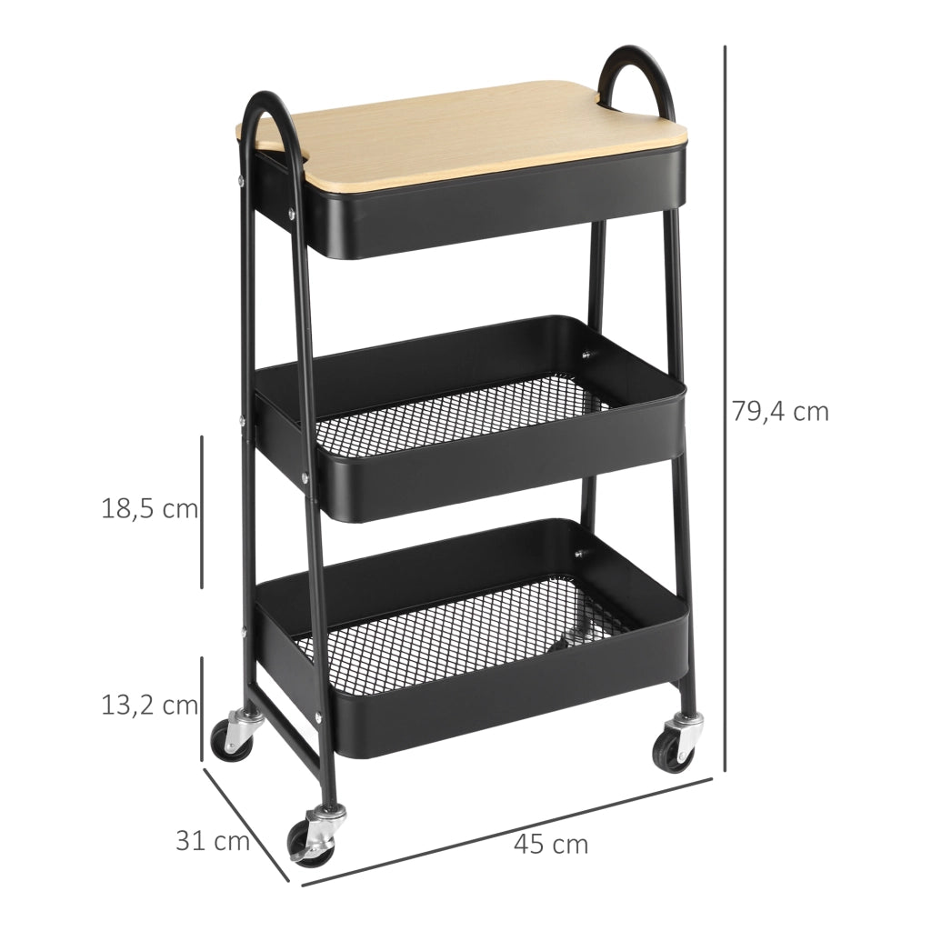 Carrello di servizio con 3 ripiani ¨C zephmum ¨C nero metallo plastica