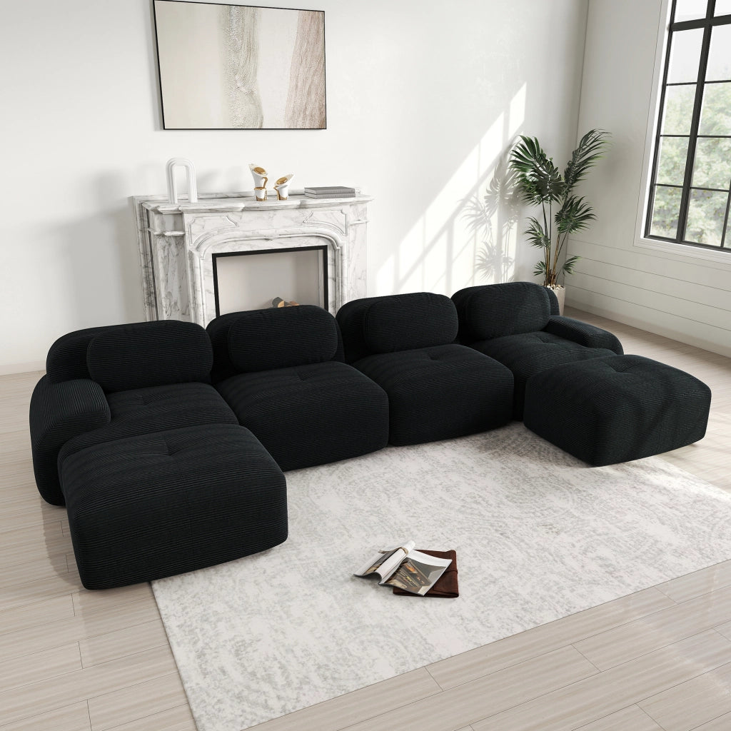 Divano Modulare U a Posti ¨C MINIMAL ¨C Nero, Tessuto Cordato, Braccioli Larghi