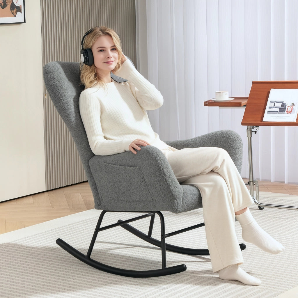 Poltrona a Dondolo ¨C Zephmum ¨C Grigio Tessuto Imbottito con Cuscino Lombo