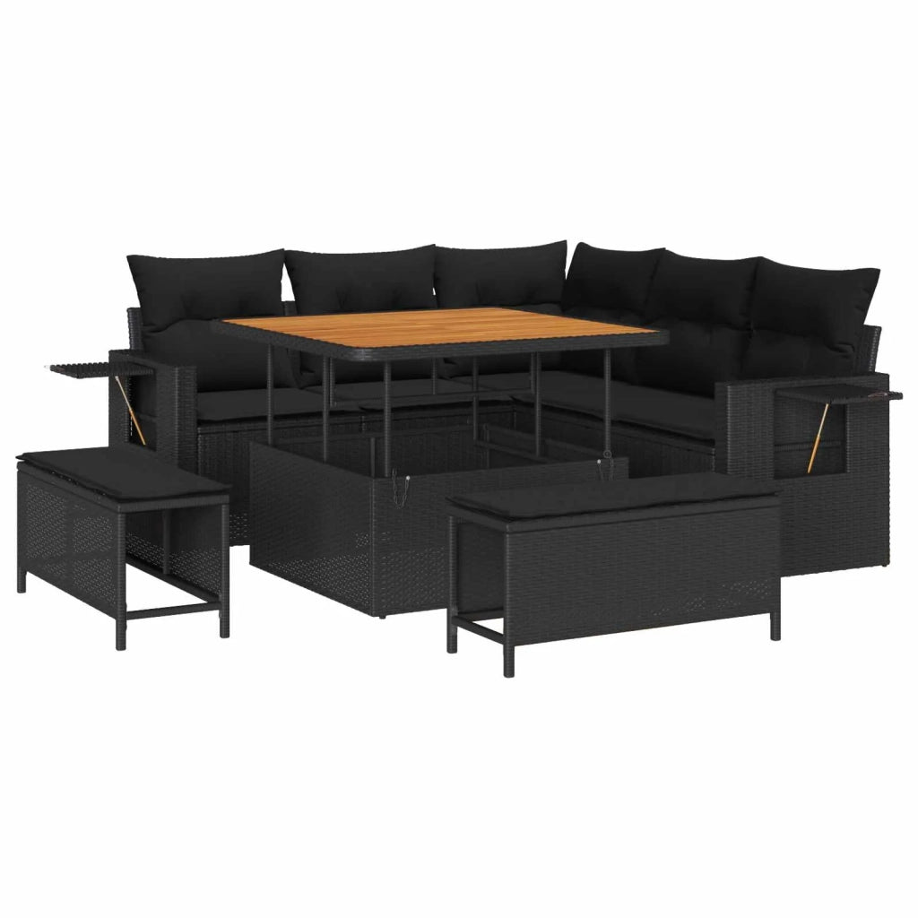 Set Divano da Giardino con cuscino 9 pcs Nero polyrattan