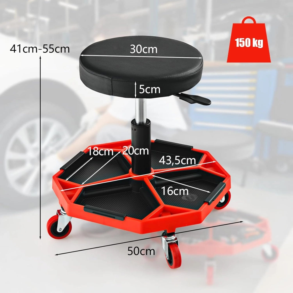 SOARS Sgabello da officina con ruote, regolabile in altezza, 41-55 cm, con ripiano magnetico rimovibile, portata fino a 150 kg