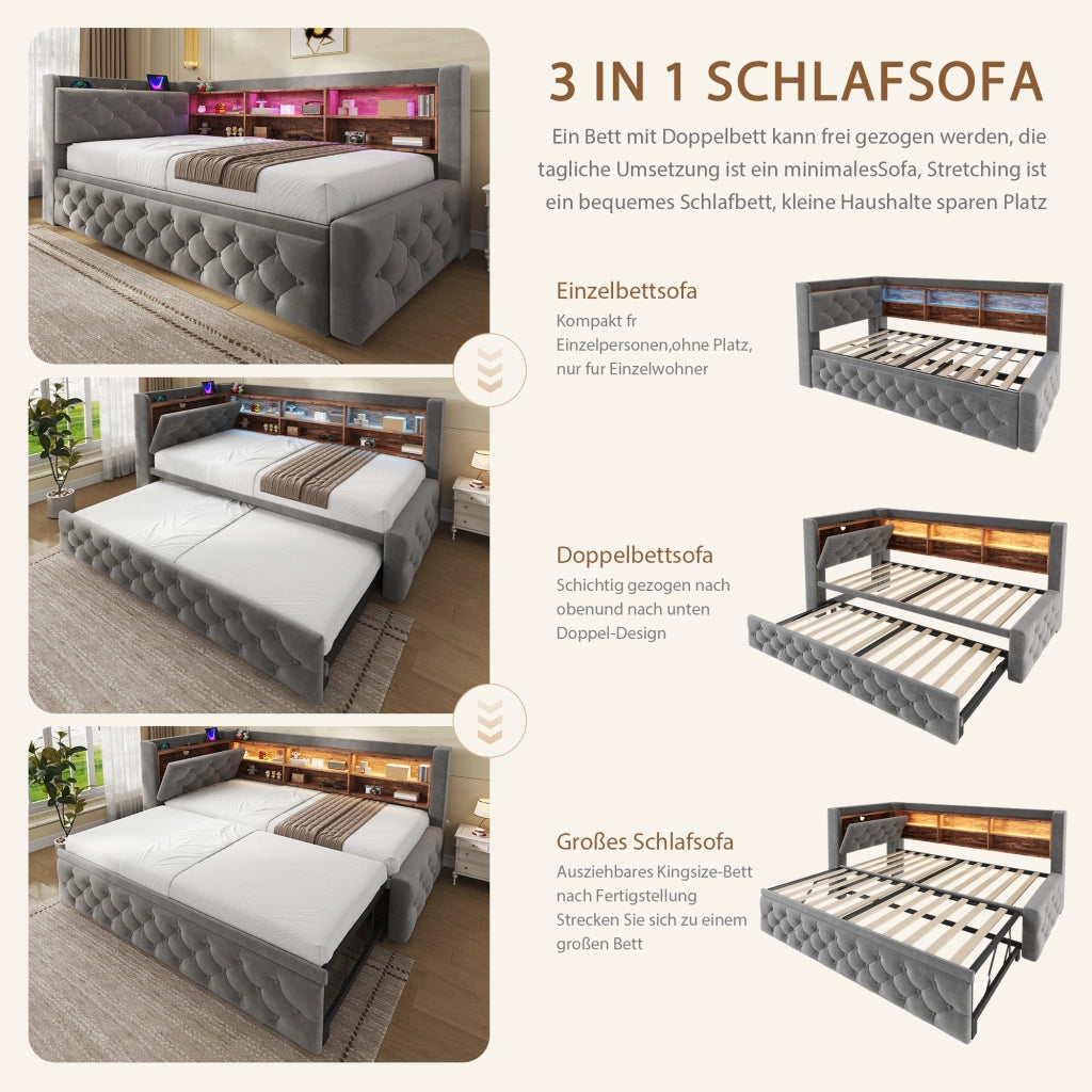 DIVANO LETTO Estraibile 90x190 cm Velluto Grigio Scuro con LED, USB e Type-C