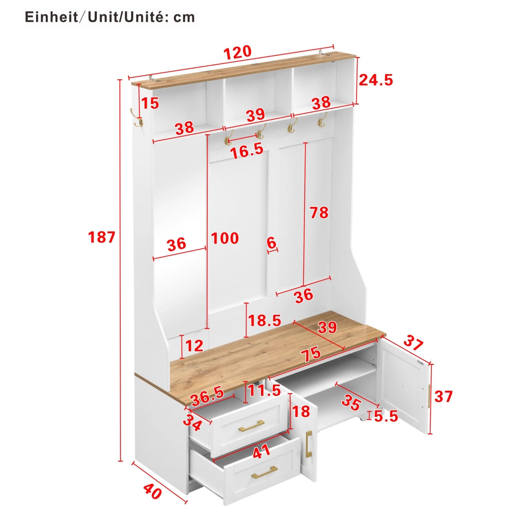 OKWISH Mobile da Ingresso con 2 Ante e 2 Cassetti, Specchio, Ganci, LED e Seduta, per Ingresso, MDF, Bianco e Legno, 120×40×187 cm