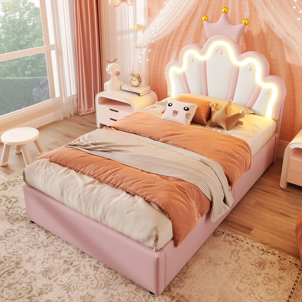 Letto Imbottito con LED e Alzata Idraulica ¨C MINIMAL ¨C Rosa, PU, 90x200
