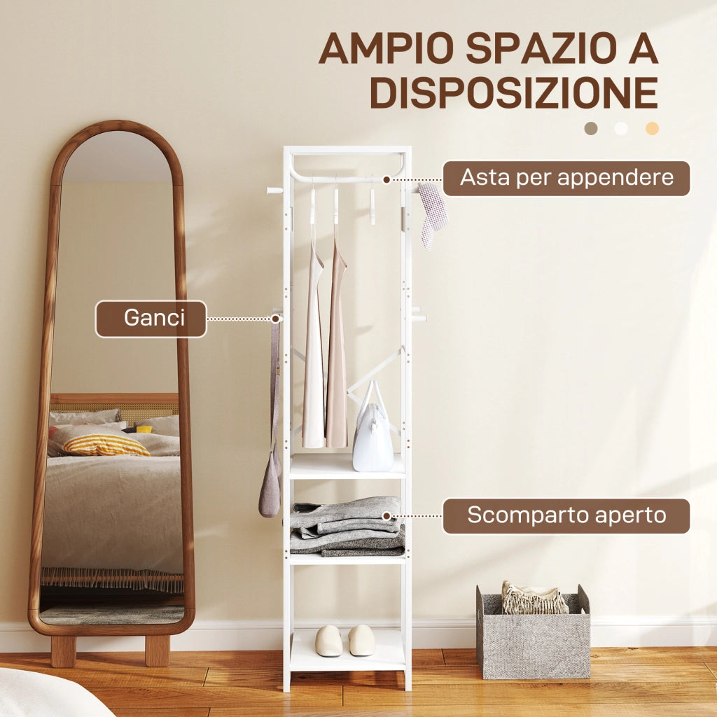 Appendiabiti con Asta e 2 Ripiani Aperti ¨C Minimal ¨C Bianco e Legno 38.5x30x170 cm