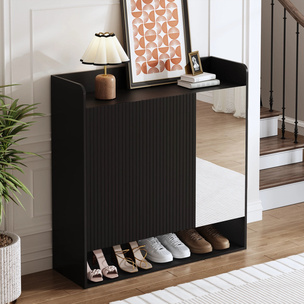 Scarpiera con Specchio Intero e Struttura a Righe Nere ¨C Xylo ¨C Nero, Multiripiano