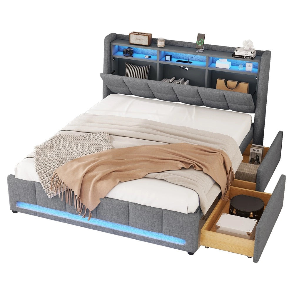 Letto Imbottito con Cassetti e LED ¨C MINIMAL ¨C Grigio, Tessuto Lino, 140x200