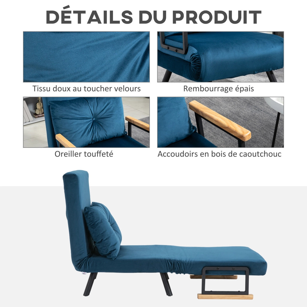 Divano letto 1 posto ¨C zephmum ¨C blu, velluto, legno