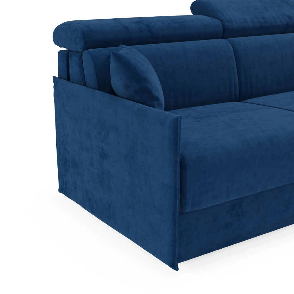 Miryam divano letto angolare compatto - poggiatesta reclinabili e penisola contenitore in tessuto smacchiabile T31 232 cm sinistro blu