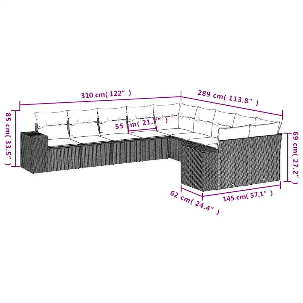 Set Divano Giardino 10 pz con Cuscini Grigio Chiaro Polyrattan