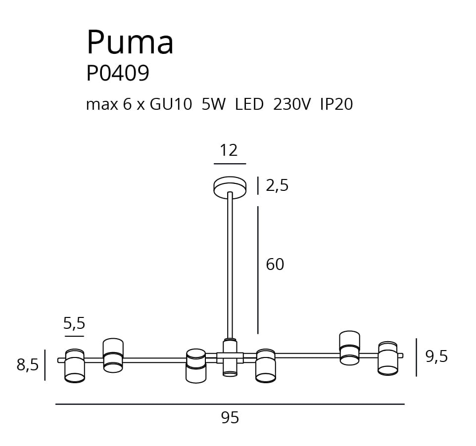 Sospensione Maxlight PUMA nera/oro metallo 6 faretti GU10