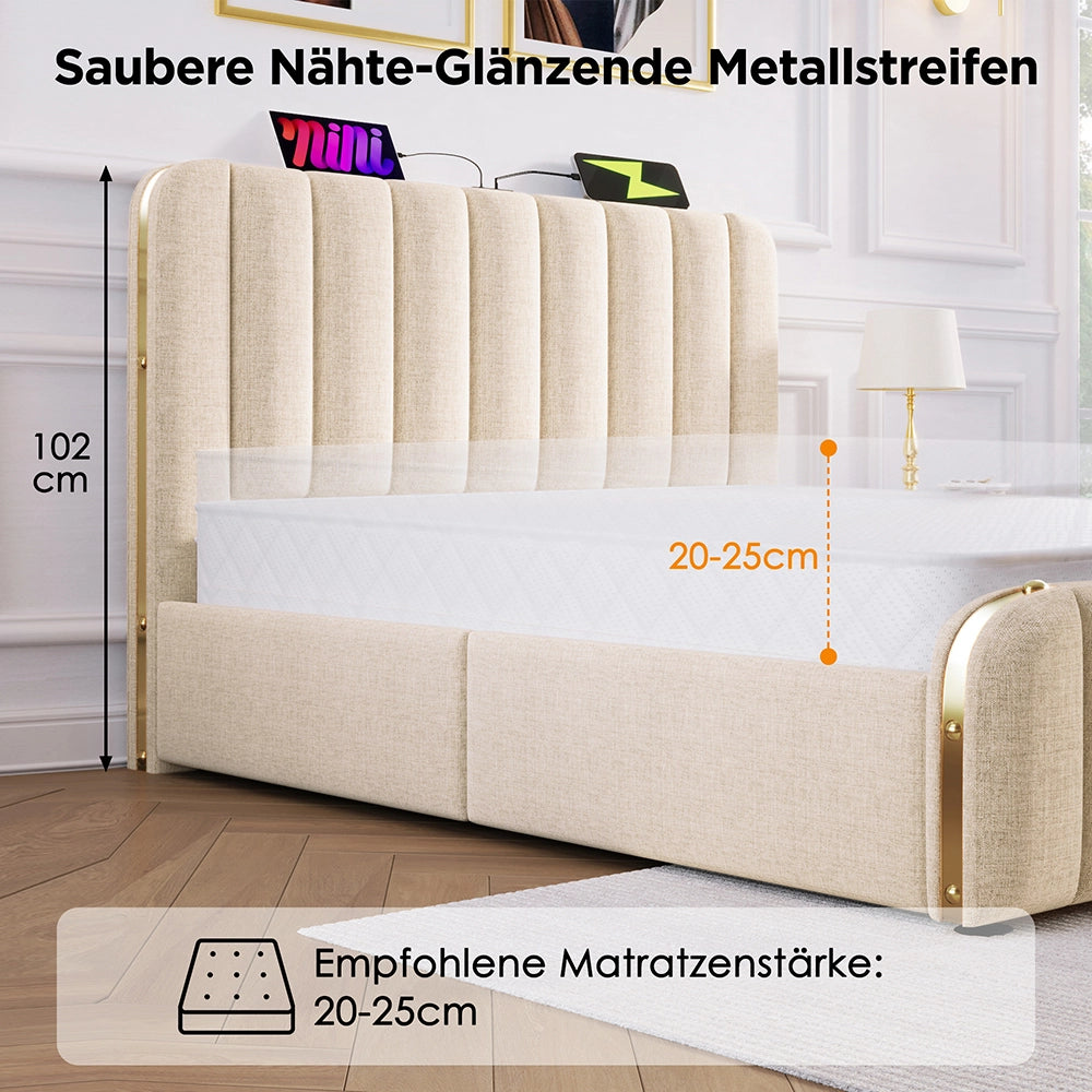 Letto con testiera imbottita - Xylo - 180x200 cm - Beige - Funzione di ricarica USB Type-C