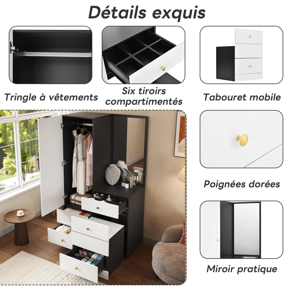 Toeletta con armadio laterale, specchio intero, 6 scomparti e 4 cassetti, per camera da letto, 90 × 50,5 × 160 cm