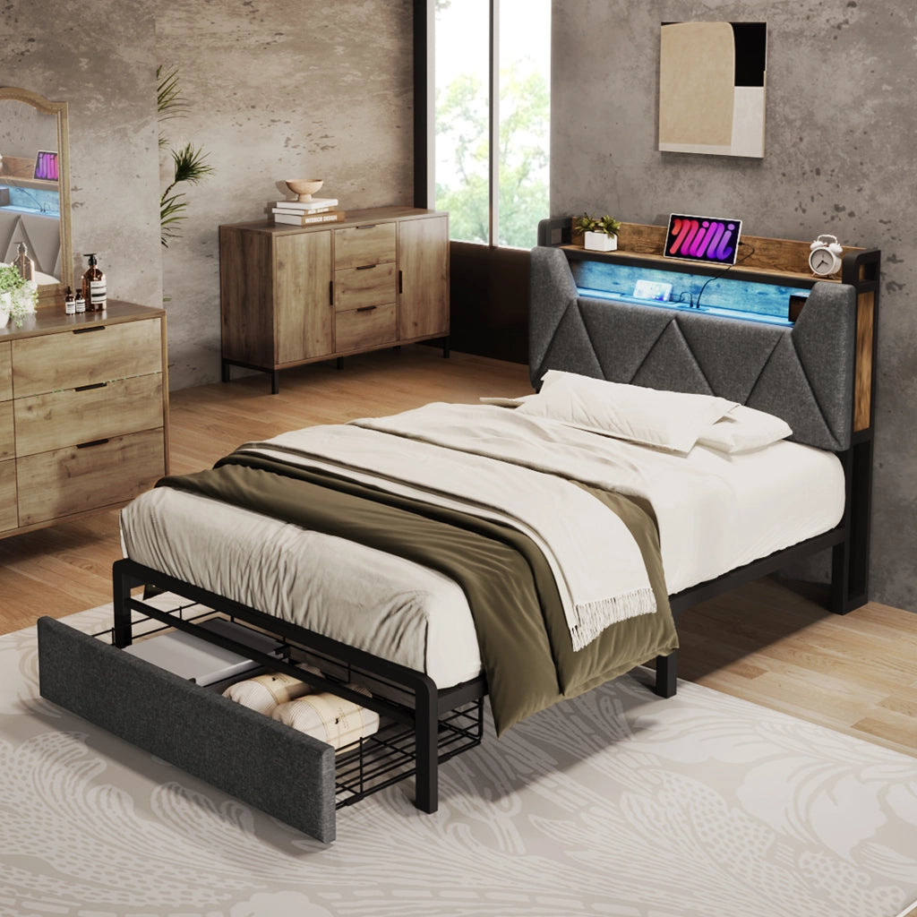 LETTO 90x200 cm in lino grigio con testiera contenitore, LED e cassetti